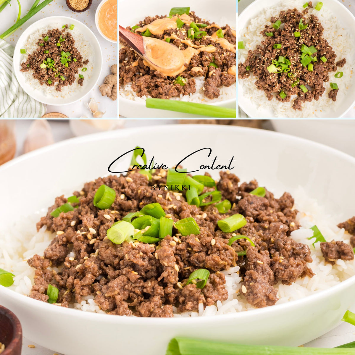 A collage of Korean Beef Bulgogi - Exclusive rice bowls garnished with sliced green onions and sesame seeds, including one view of the recipe with a drizzle of gochujang sauce.