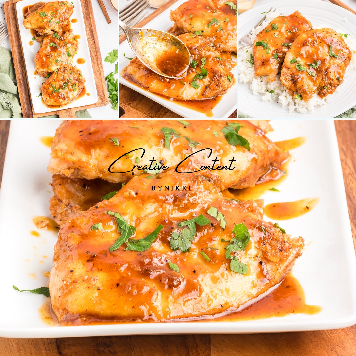 honey garlic chicken on a platter in a collage format with 4 photos.