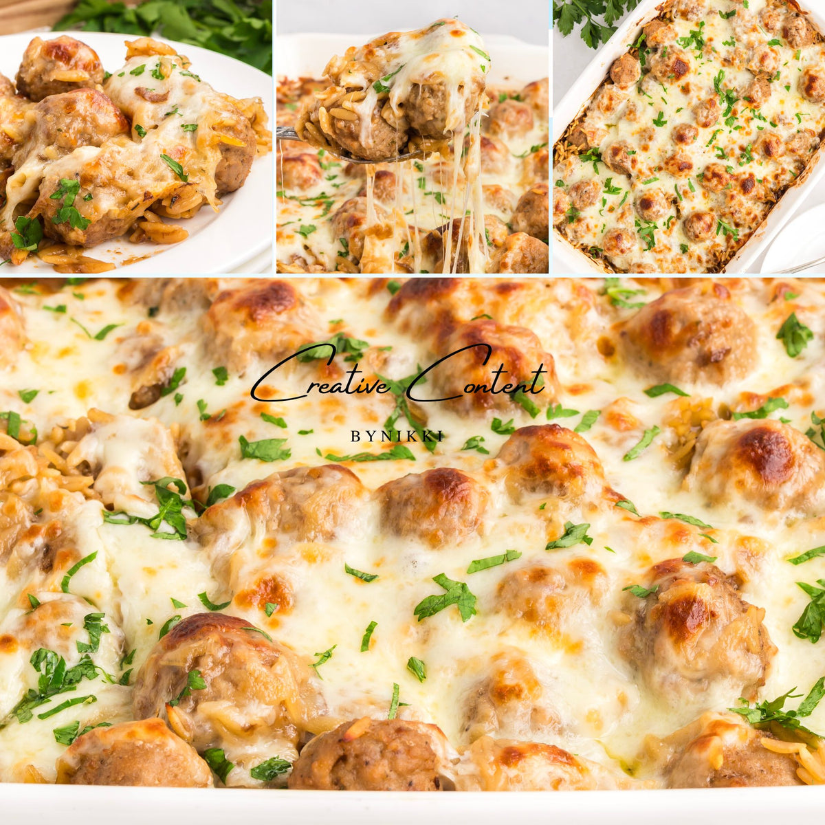 Close-up of a French Onion Meatball Orzo Bake featuring orzo pasta, meatballs, melted cheese, and a garnish of fresh herbs.