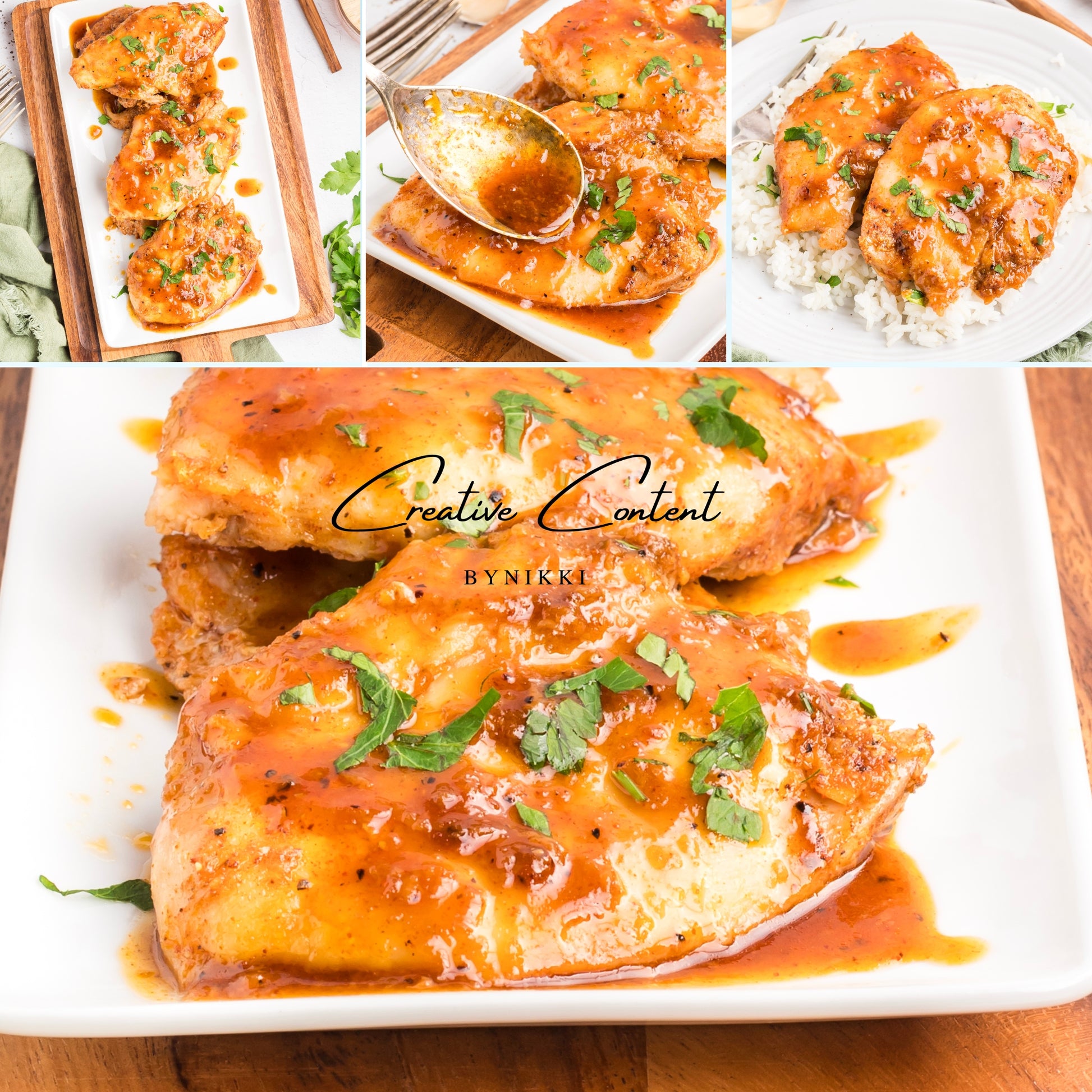 honey garlic chicken on a platter in a collage format with 4 photos. 
