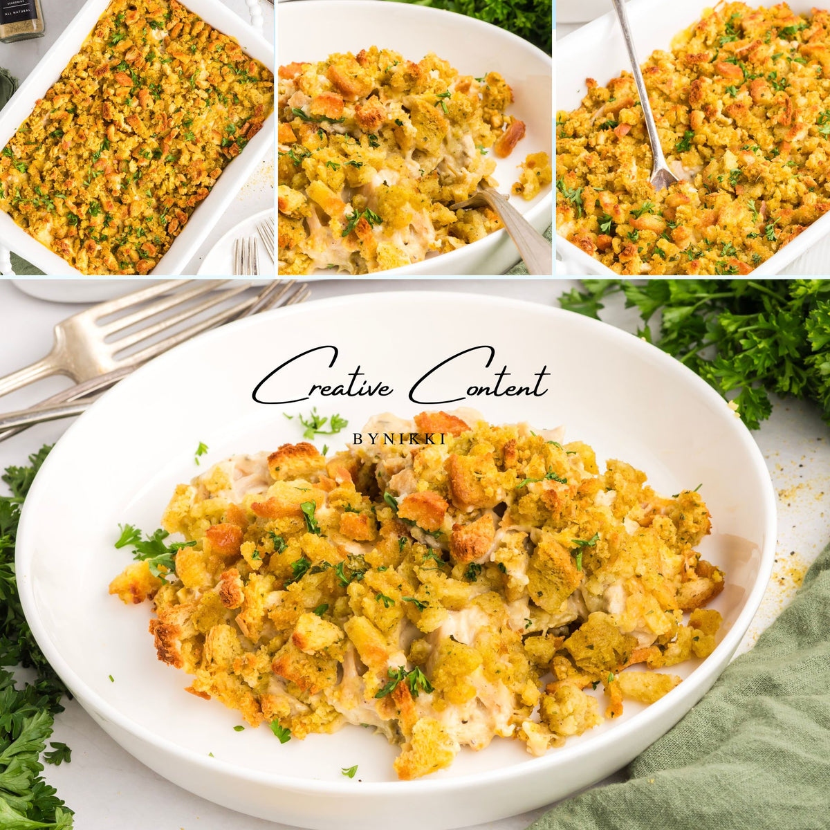 Church cookbook chicken casserole with breadcrumb topping in a white bowl
