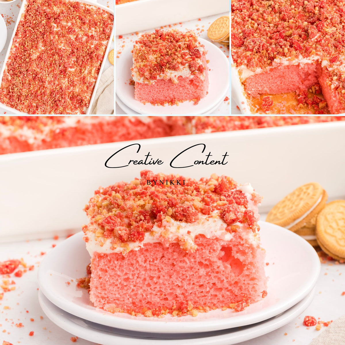 A slice of Strawberry Crunch Cake - Exclusive topped with white frosting and red cookie crumbles on a white plate, with whole cakes and sandwich cookies in the background.