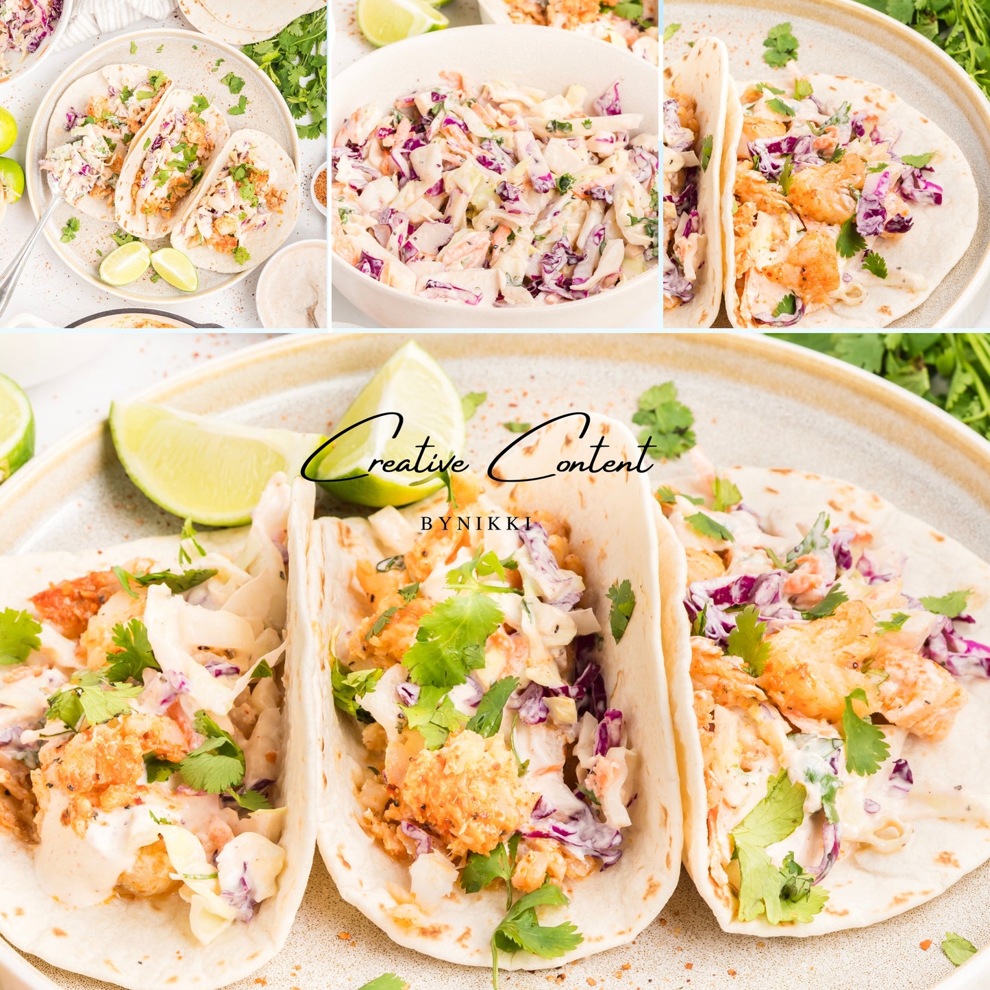 Collage of fish tacos with coleslaw and lime wedges on a plate, featuring 'Creative Content by Nikki' branding.