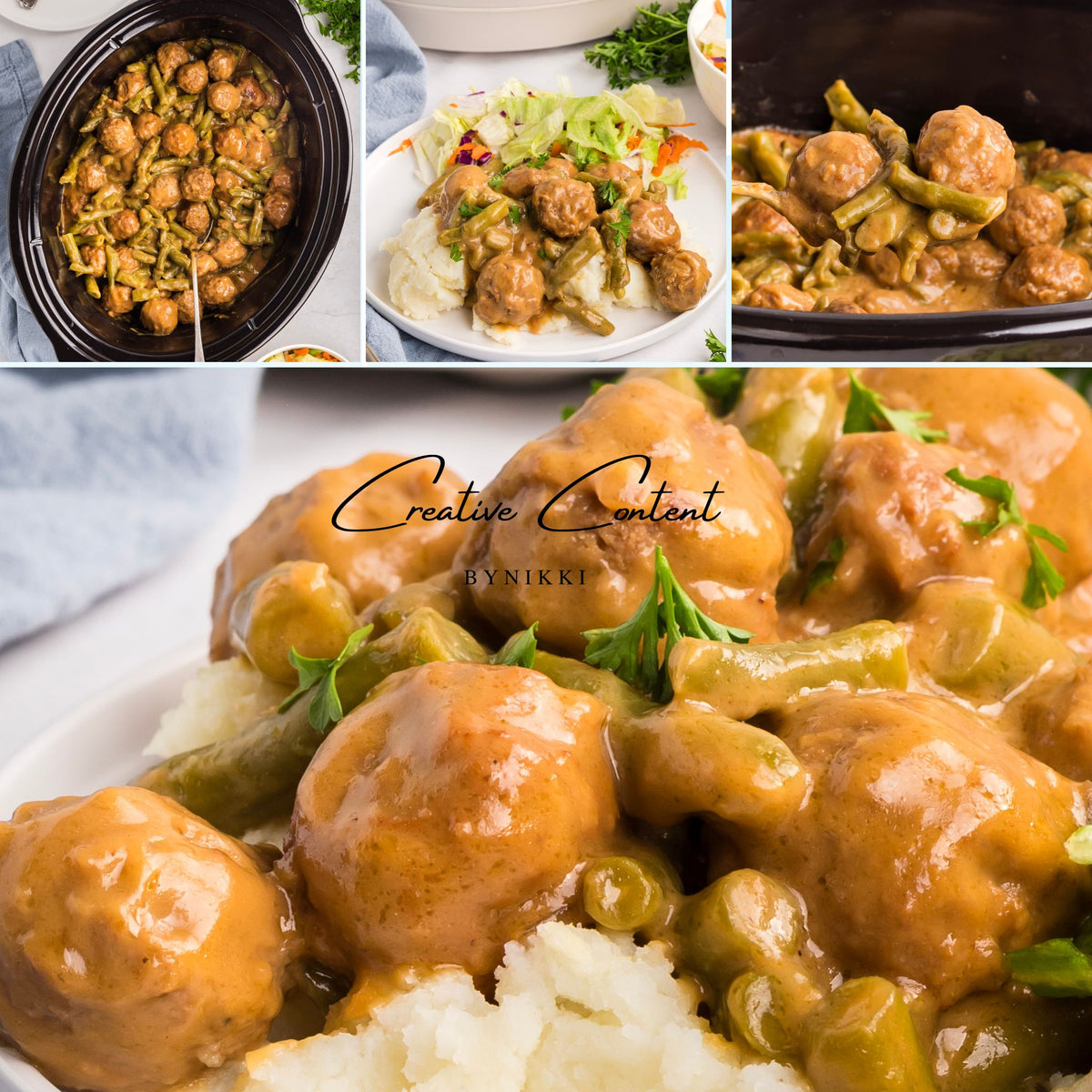 A collage of Crock Pot Smothered Meatballs and Green Beans served over mashed potatoes with a side salad.