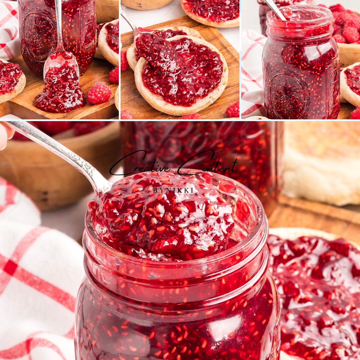 Collage of raspberry jam in jars with a spoon and fresh raspberries.