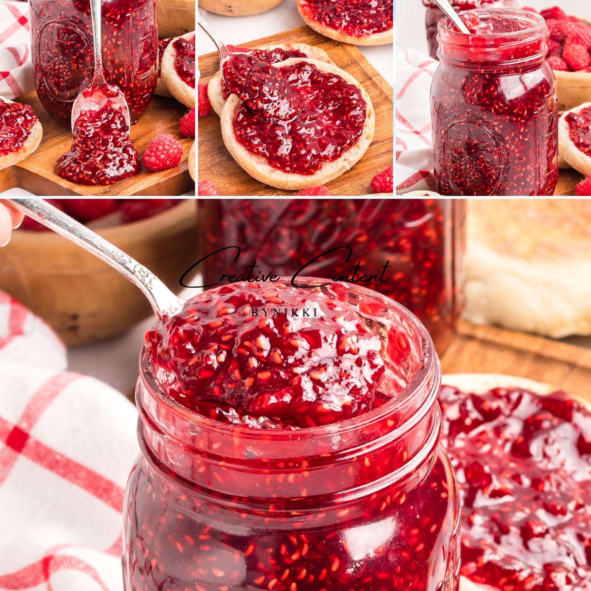 Collage of raspberry jam in jars with a spoon and fresh raspberries.