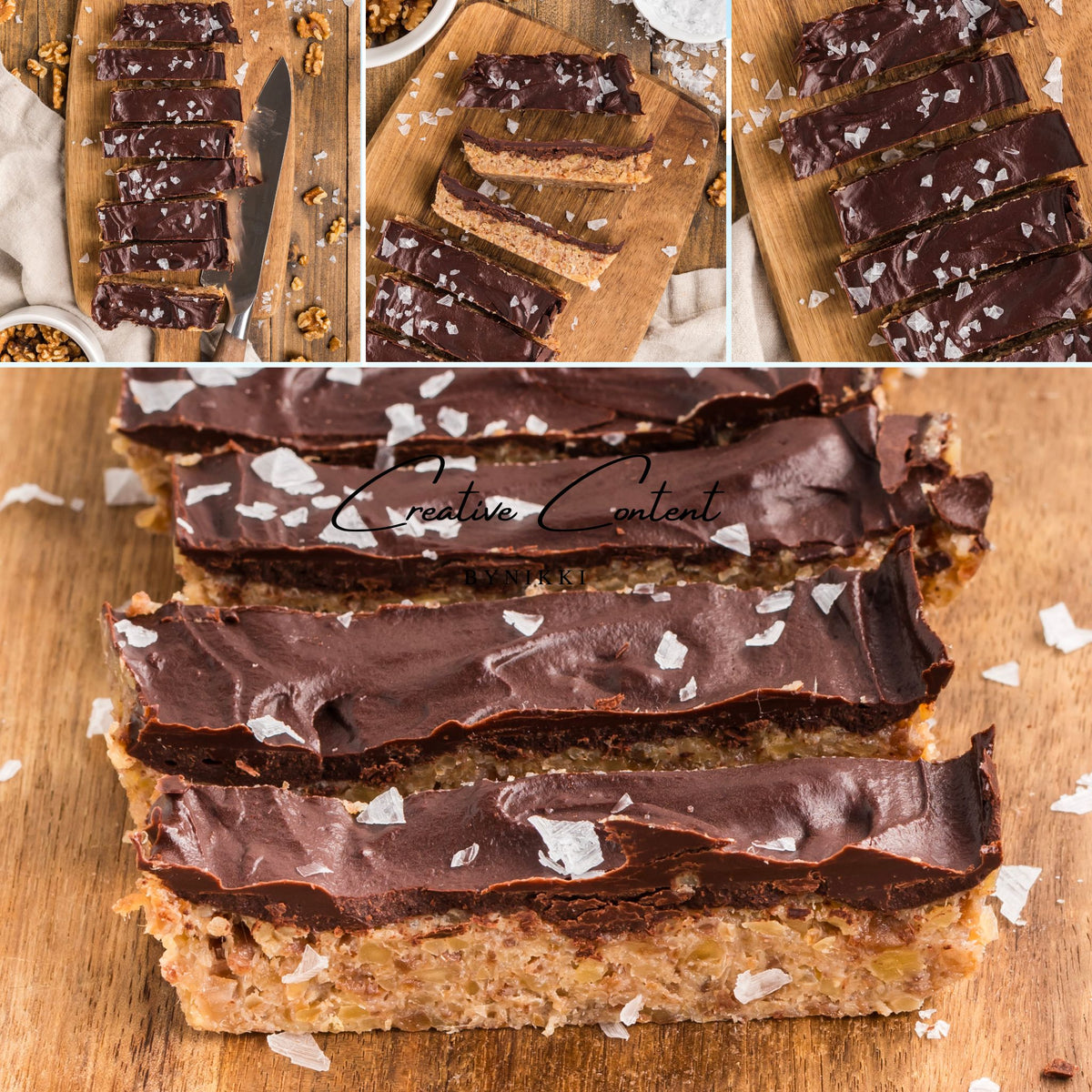 Walnut Date Bars - Exclusive: rectangular bars with a chocolate topping and a sprinkle of sea salt, arranged on a wooden cutting board.
