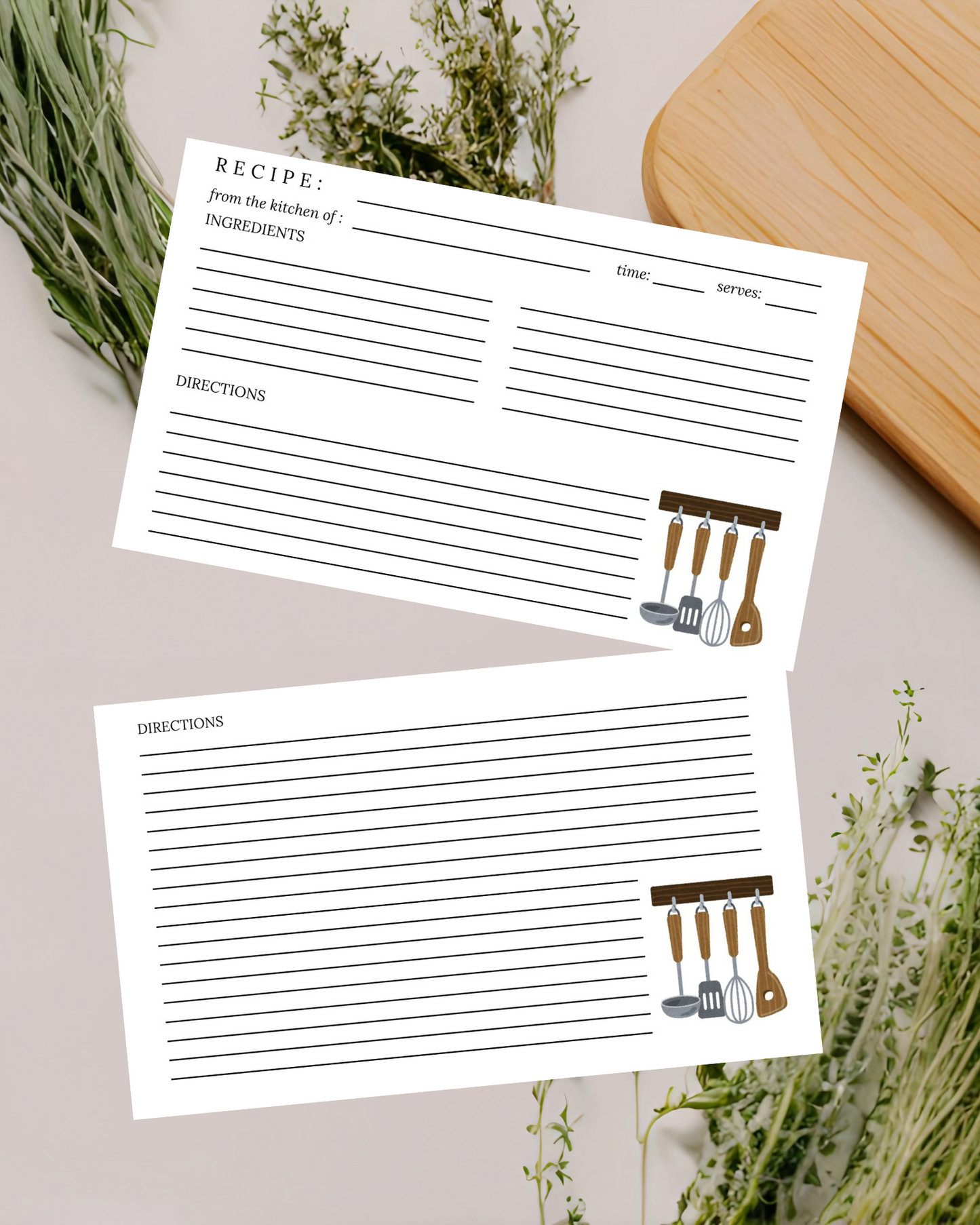 Two recipe cards with utensil illustrations on a light background