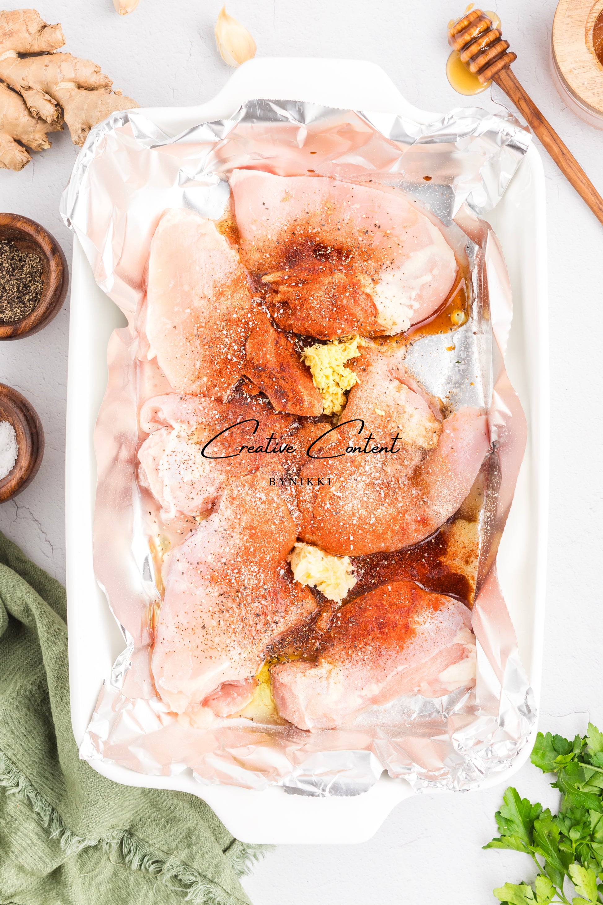 raw chicken in a baking dish covered in seasonings. 