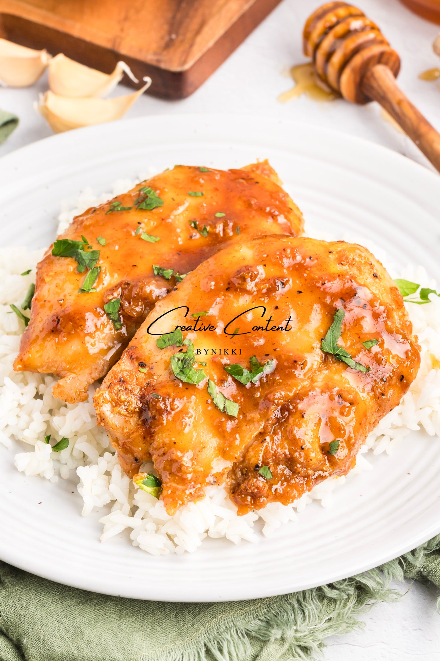 Honey garlic chicken on a platter. 