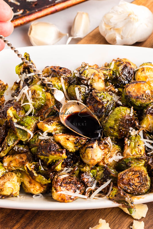 Parmesan Garlic Roasted Brussels Sprouts + Balsamic Glaze -  Exclusive
