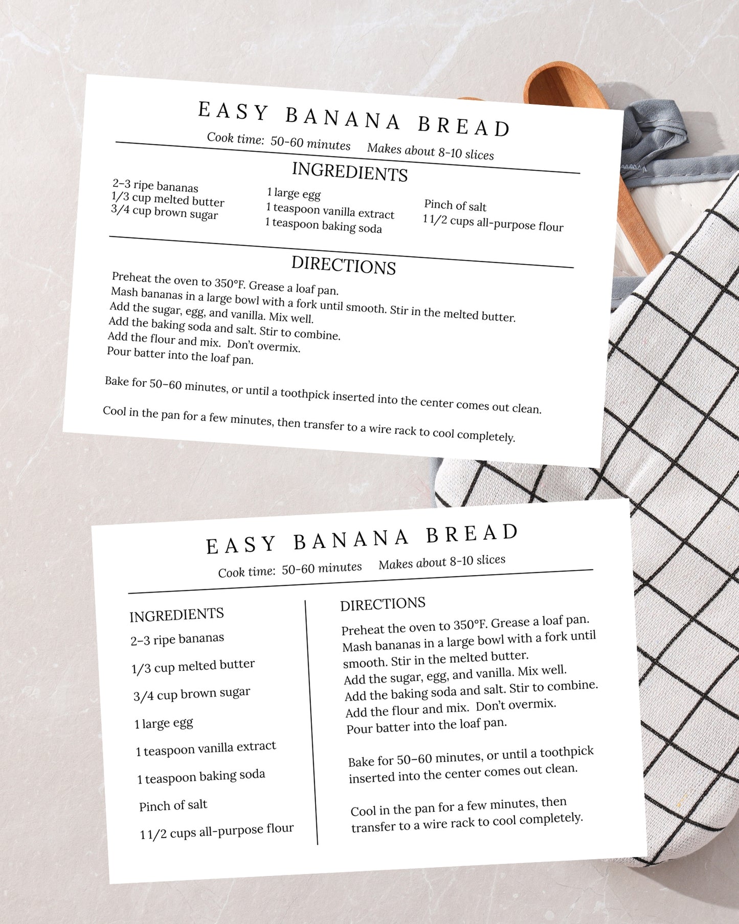 Two Easy Banana Bread recipes printed on paper with a kitchen towel and wooden spoon in the background.