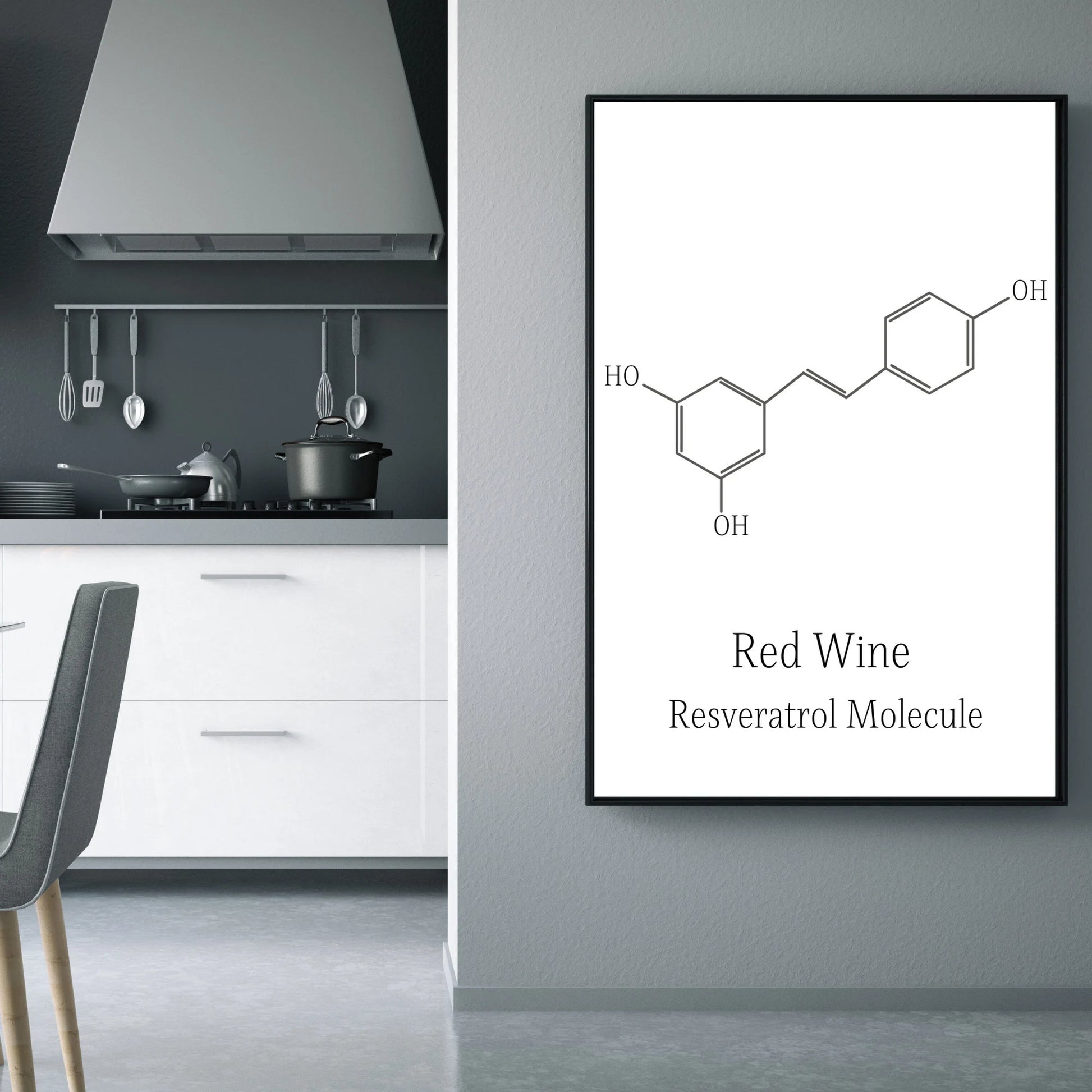 Kitchen interior with a molecular diagram of red wine resveratrol molecule on a wall.