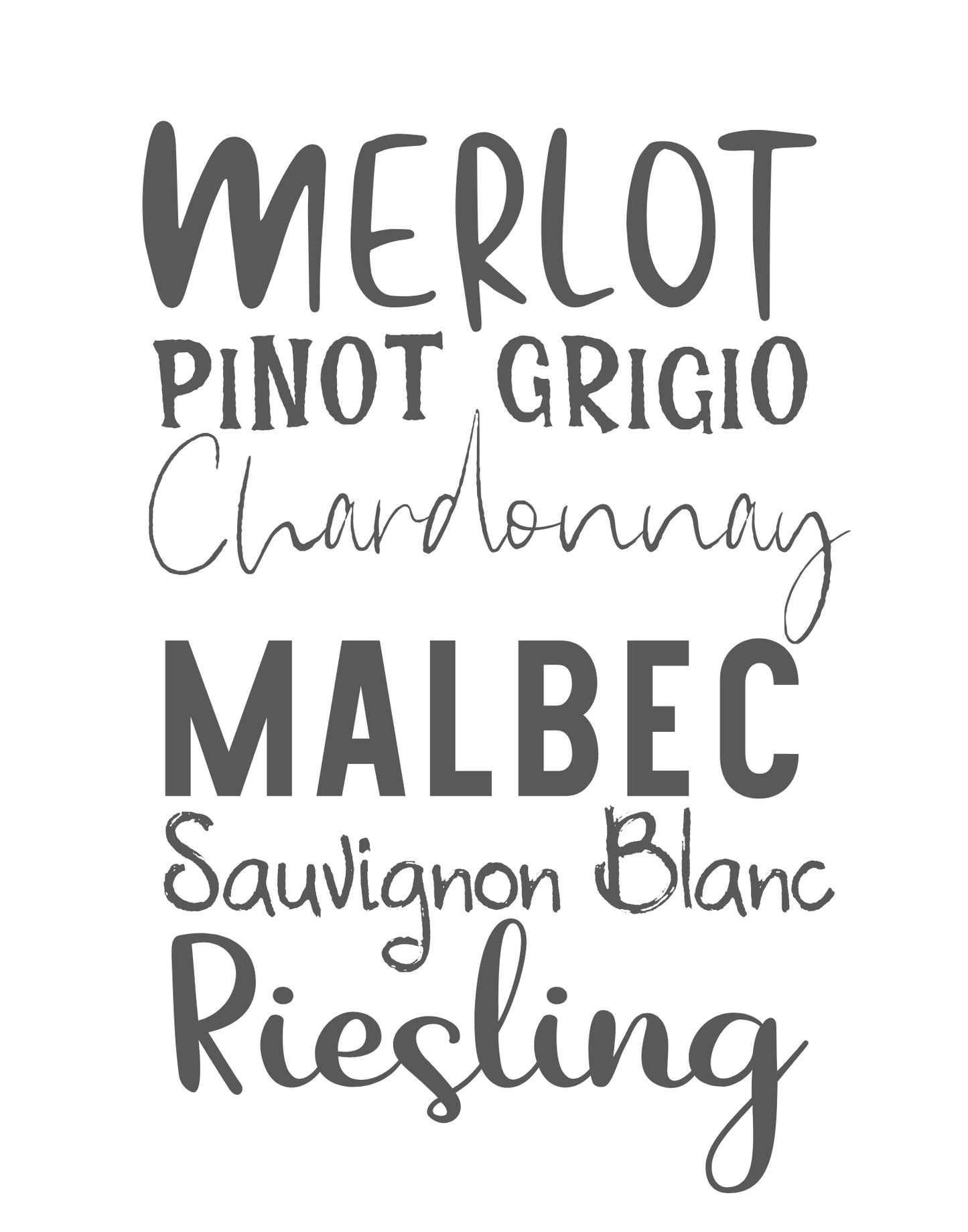 List of wine varietals in a decorative font on a white background