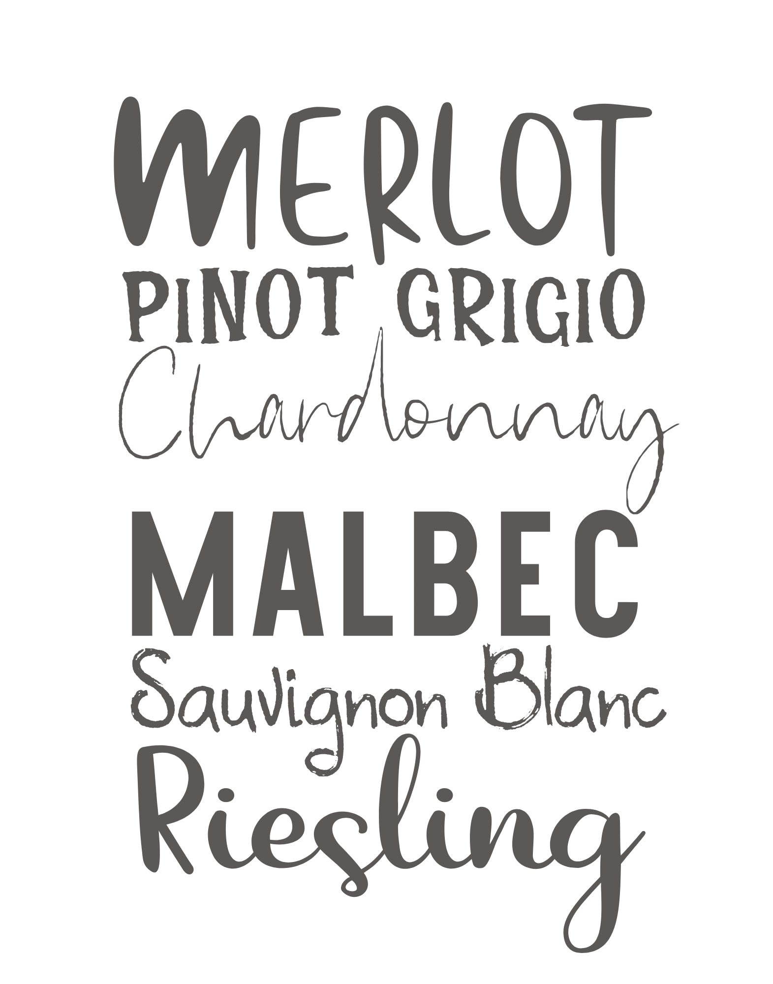 List of wine varietals in a decorative font on a white background