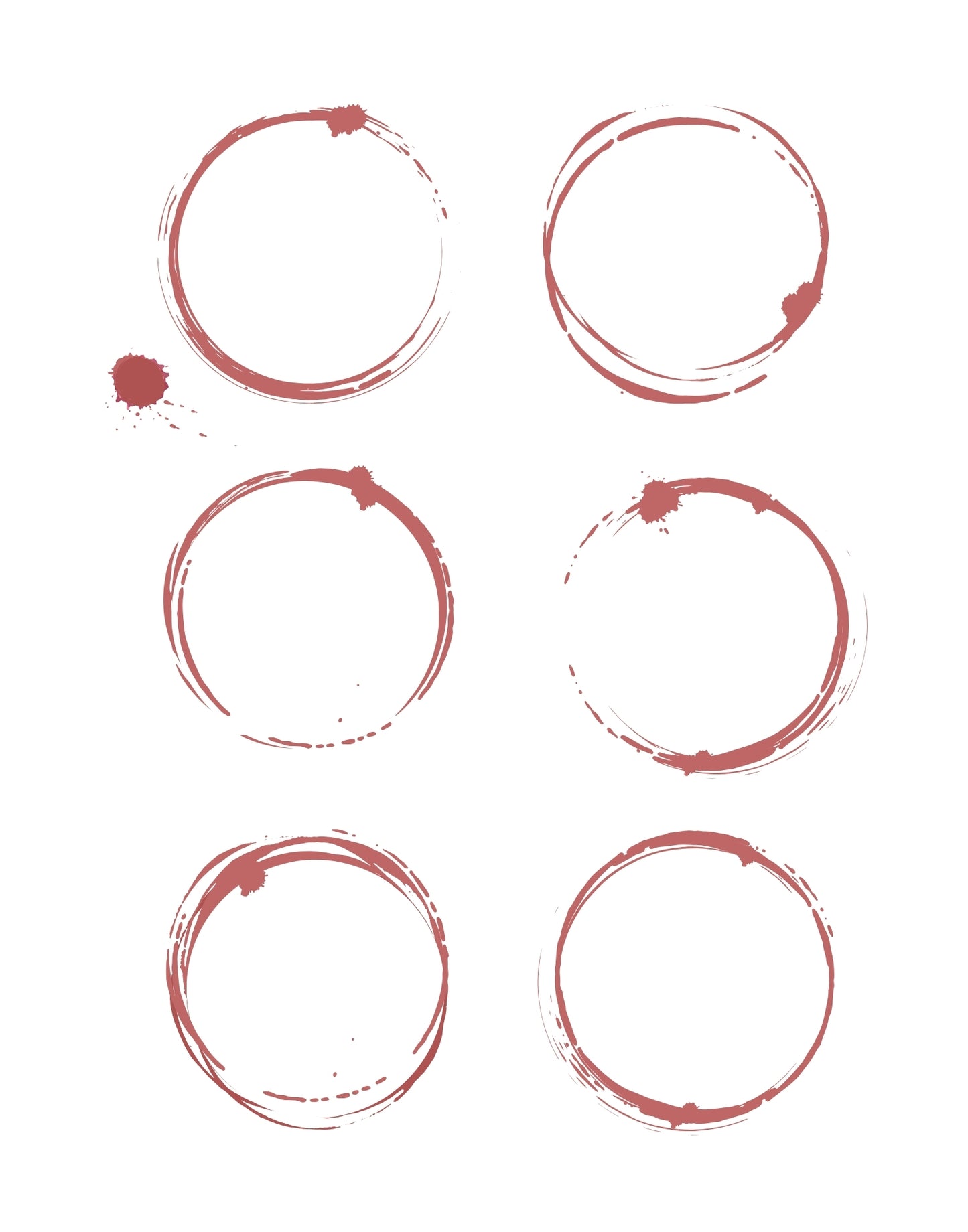 Set of six red wine stain circles on a white background