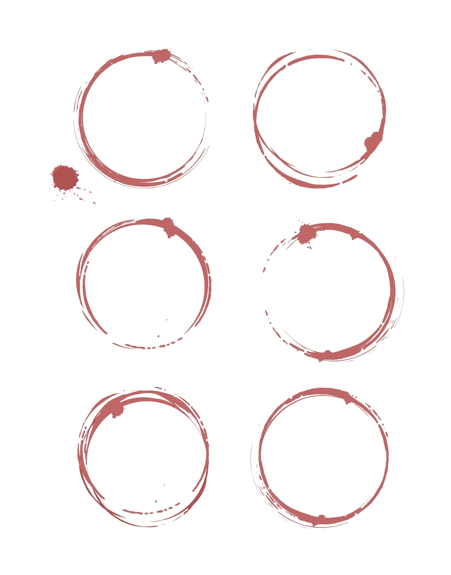 Set of six red wine stain circles on a white background